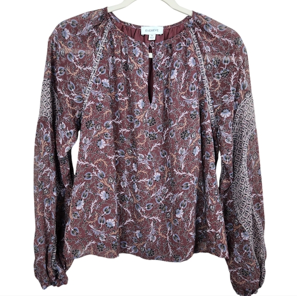 Evereve Cleo Floral Piff Long Sleeve Split Neck Blouse Top Fall Women's Size XS - Picture 2 of 11